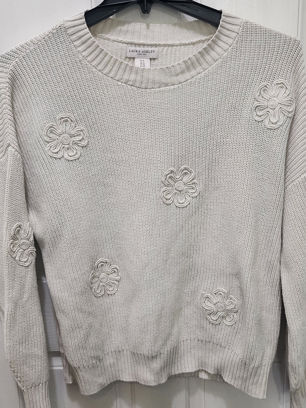 Laura Ashley Off-White Crewneck Sweater with Floral Knit Appliqués